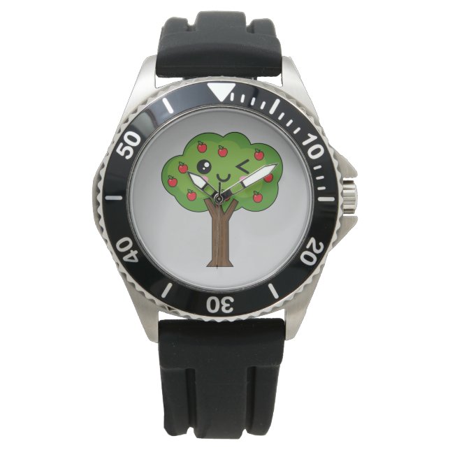 Kawaii Happy Winking Apple Tree Armbanduhr (Vorderseite)