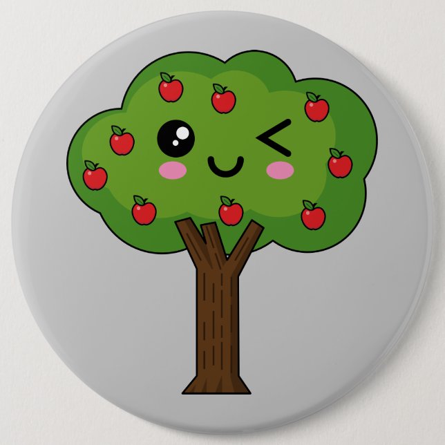 Kawaii Happy Winking Apple Tree Button (Vorderseite)