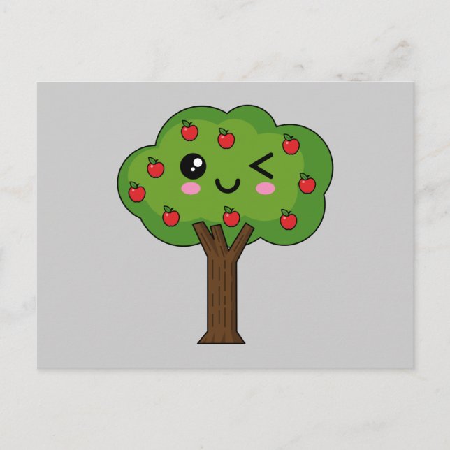 Kawaii Happy Winking Apple Tree Feiertagspostkarte (Vorderseite)