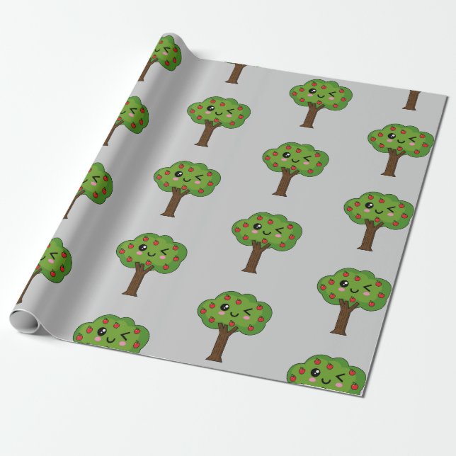 Kawaii Happy Winking Apple Tree Geschenkpapier (Ungerollt)
