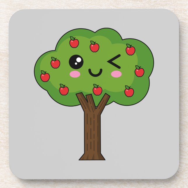 Kawaii Happy Winking Apple Tree Getränkeuntersetzer (Vorderseite)