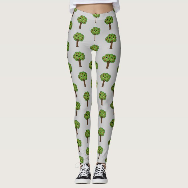 Kawaii Happy Winking Apple Tree Leggings (Vorderseite)