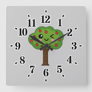 Kawaii Happy Winking Apple Tree Quadratische Wanduhr