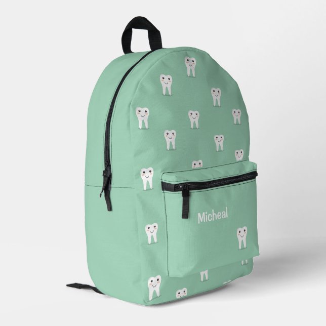 Kawaii-Happy-Zahn personalisiert grün Bedruckter Rucksack (Rückseitige Ecke links)