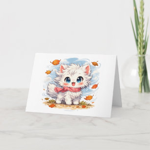 Kawaii Herbstwind-Kitty – Süße gemütliche Herbstka Karte