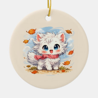 Kawaii Herbstwind-Kitty – Süße gemütliche Herbstka Keramik Ornament