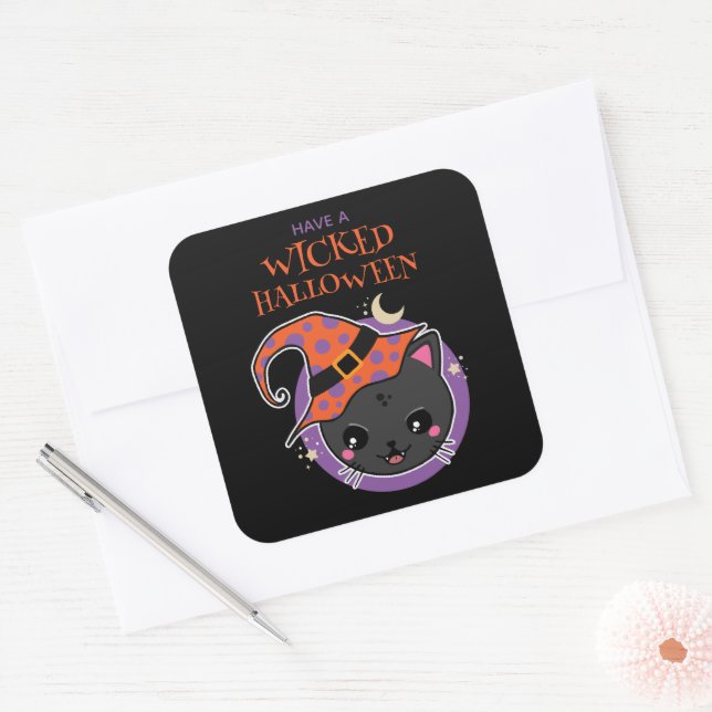 Kawaii Hexch Cat Halloween Quadratischer Aufkleber (Umschlag)