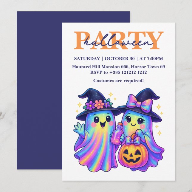 Kawaii Holographic Retro Ghosts Halloween-Party Einladung (Vorne/Hinten)