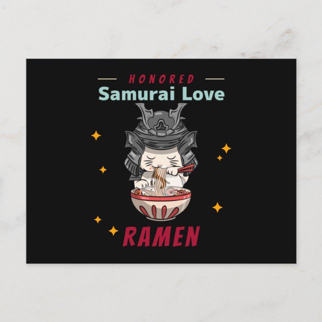 Kawaii Honoren Samurai Cat Eat Ramen Postkarte (Vorderseite)