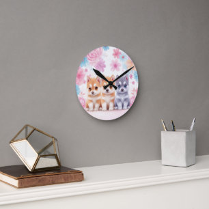 Kawaii Husky Welpen: Pastel Pals Throw Kissen Runde Wanduhr