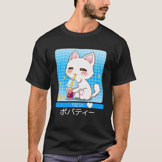 Kawaii Japanese Anime Cat Drinking Boba Tee Niedli (Vorderseite)