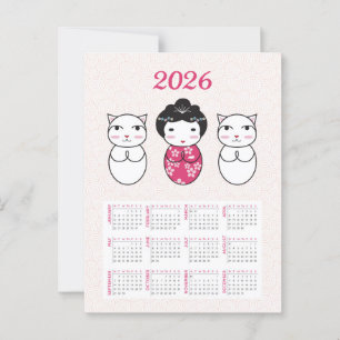 Kawaii Japanese Kokeshi Doll 2026 Calendar Postkarte