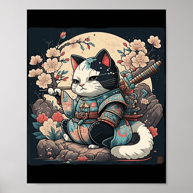 Kawaii Japanese Style Samurai Cat Kitten Anime  Poster (Vorne)