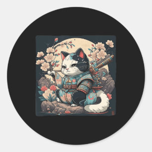 Kawaii Japanese Style Samurai Cat Kitten Anime  Runder Aufkleber