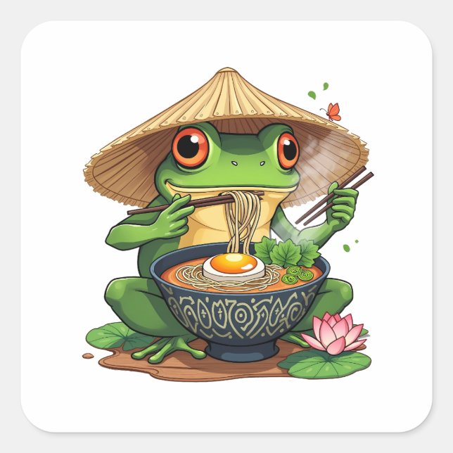 Kawaii Japanischer Ästhetischer Frosch Noodles Quadratischer Aufkleber (Vorderseite)