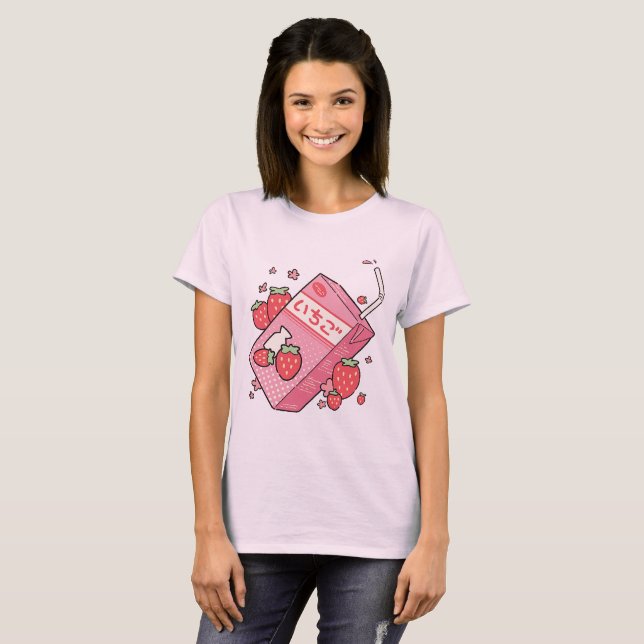 Kawaii japanischer Erdbeersaft-Kasten T-Shirt (Vorne ganz)