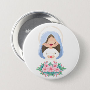 Kawaii Jungfrau Maria mit Herz und Blumen Button