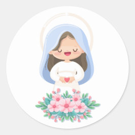 Kawaii Jungfrau Mary Holding Heart - White Runder Aufkleber