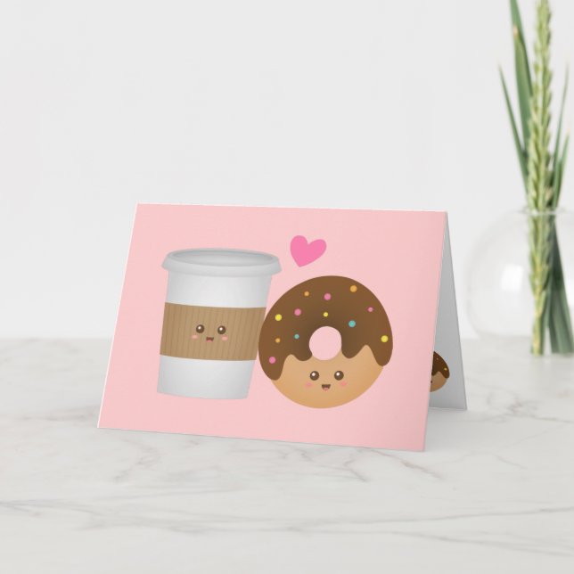 Kawaii Kaffee und Donut in Liebe, perfekt paarweis Karte (Vorderseite)