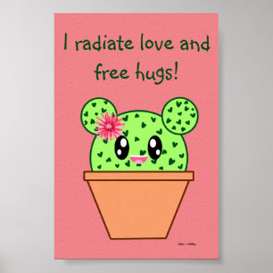 Kawaii-Kakteen Zeichnend Free Hugs Pink Poster
