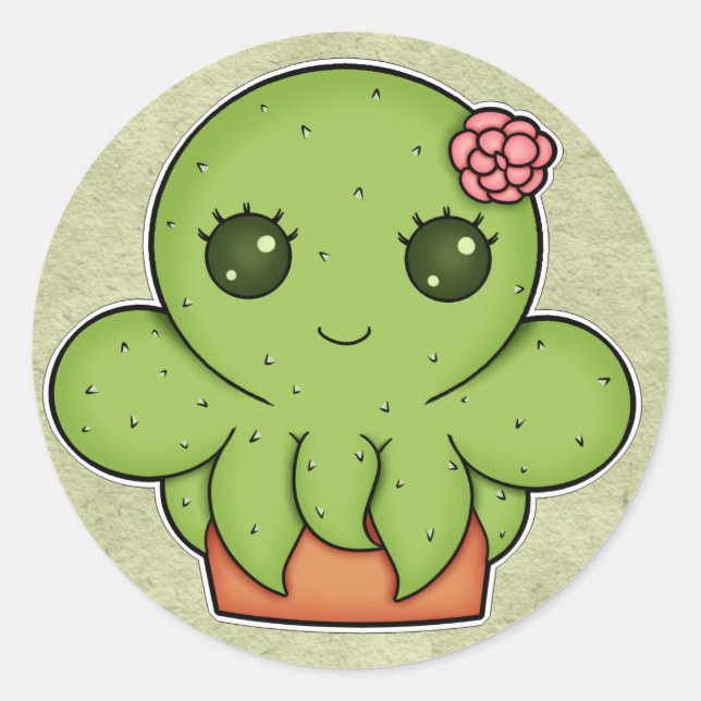 Kawaii Kaktus-Krake Runder Aufkleber (Vorderseite)