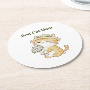 Kawaii-Katz-Gärtner-Rosenbouquet-Papieruntersetzer Runder Pappuntersetzer