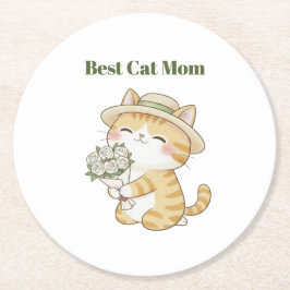 Kawaii-Katz-Gärtner-Rosenbouquet-Papieruntersetzer Runder Pappuntersetzer