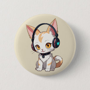 Kawaii-Kätzchen mit Schaukel-Kopfhörern Button