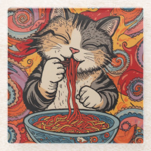 kawaii Katze, die Nudeln isst Glasuntersetzer