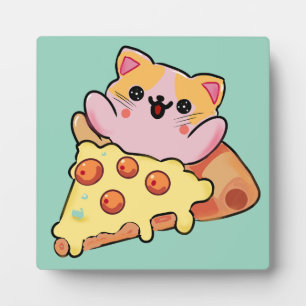Kawaii-Katze, die Pepperoni-Pizza-Cartoon umarmt Fotoplatte