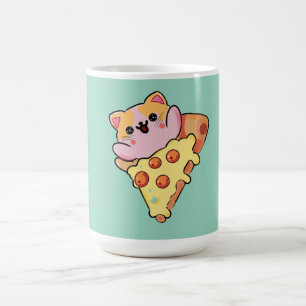 Kawaii-Katze, die Pepperoni-Pizza-Cartoon umarmt Kaffeetasse