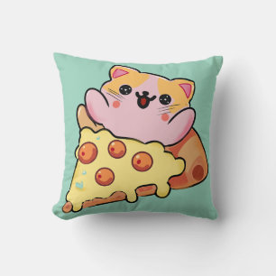 Kawaii-Katze, die Pepperoni-Pizza-Cartoon umarmt Kissen
