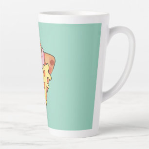 Kawaii-Katze, die Pepperoni-Pizza-Cartoon umarmt Milchtasse