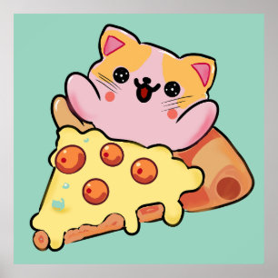 Kawaii-Katze, die Pepperoni-Pizza-Cartoon umarmt Poster
