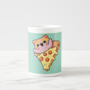 Kawaii-Katze, die Pepperoni-Pizza-Cartoon umarmt Prozellantasse