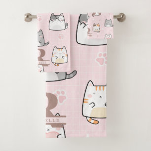 Kawaii Katze im rosa Hintergrund Badhandtuch Set
