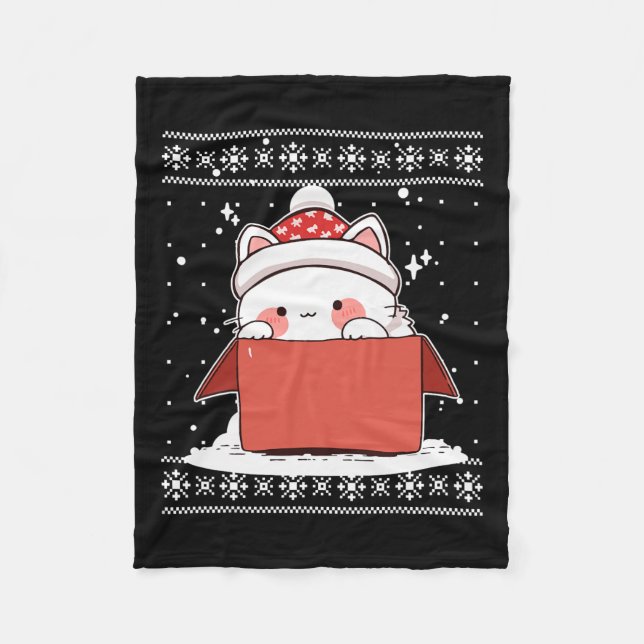 Kawaii Katze in einer Schachtel Weihnachten Niedli Fleecedecke (Vorderseite)