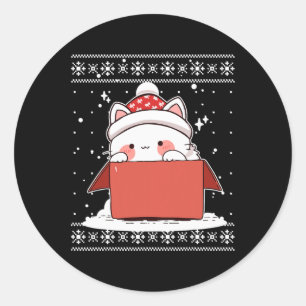 Kawaii Katze in einer Schachtel Weihnachten Niedli Runder Aufkleber