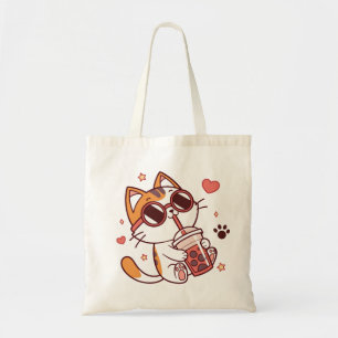 Kawaii Katze mit Boba Tea Tote Tasche - Herz & Sta