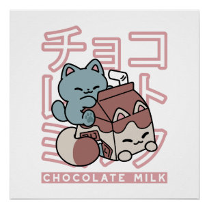 Kawaii-Katze mit Schokoladenmilch – Japanische Pop Poster