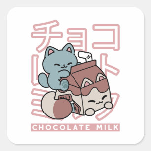 Kawaii-Katze mit Schokoladenmilch – Japanische Pop Quadratischer Aufkleber