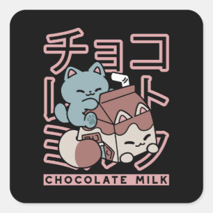 Kawaii-Katze mit Schokoladenmilch – Japanische Pop Quadratischer Aufkleber