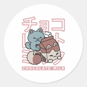 Kawaii-Katze mit Schokoladenmilch – Japanische Pop Runder Aufkleber