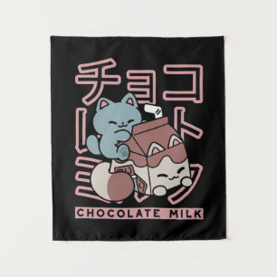 Kawaii-Katze mit Schokoladenmilch – Japanische Pop Wandteppich