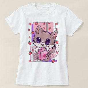Kawaii-Katze trinkt Erdbeermilch T-Shirt