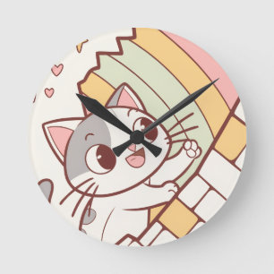 Kawaii-Katze-Uhr zum Aufklappen süß Runde Wanduhr