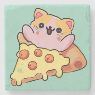 Kawaii Katze umarmt Pepperoni-Pizza-Cartoon Steinuntersetzer