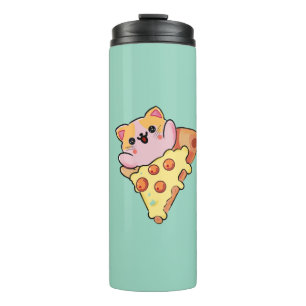Kawaii Katze umarmt Pepperoni-Pizza-Cartoon Thermosbecher