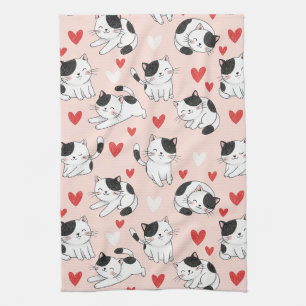 Kawaii-Katze und Herzen Valentinstag-Muster (7) Geschirrtuch