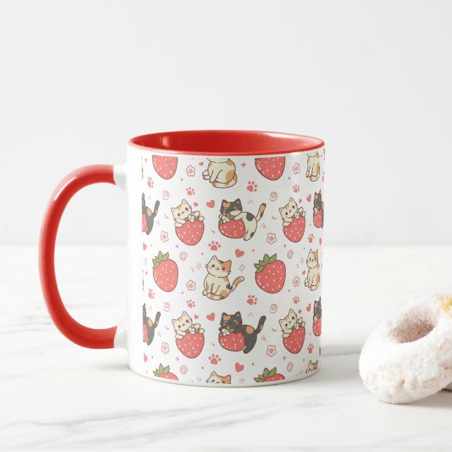 Kawaii Katzen & Erdbeeren Tasse (Mit Donut)